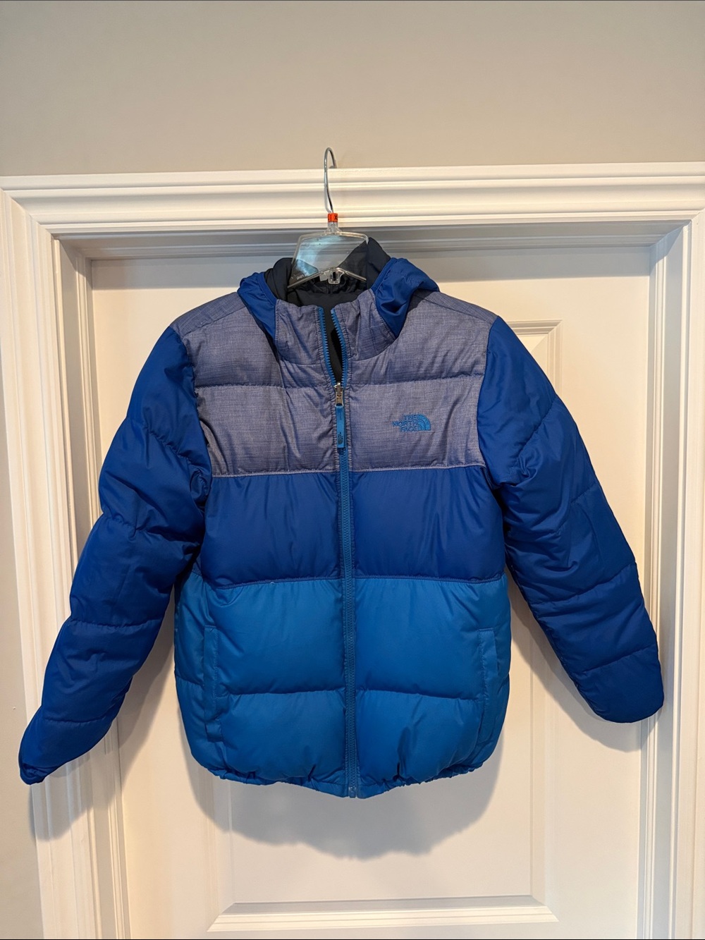 The North Face Boys' Two-Tone Blue Puffer Jacket with Hood- reversible